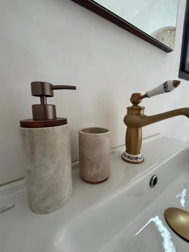a bathroom sink with two faucets and two cups at Villa Eden Djerba in Djerba