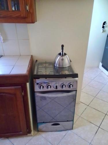 a stove with a pot on top of it in a kitchen at Tropical Breeze Grenada in Westerhall Land Settlement