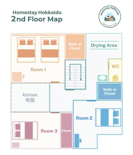 a schematic diagram of a floor map at Snow Sapporo Homestay in Sapporo