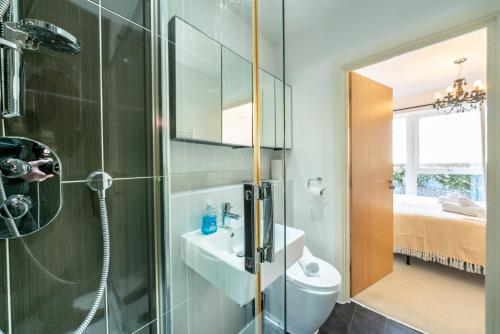 a bathroom with a shower and a toilet and a sink at The Embankment Nash Mills Wharf in Hemel Hempstead