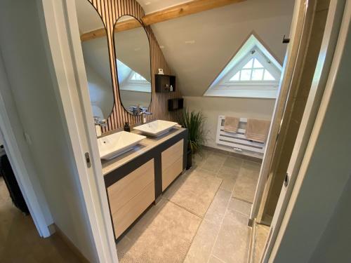 une salle de bain avec un lavabo et un grand miroir dans l'établissement villa in love, à Trouville-sur-Mer