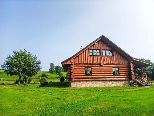 a log cabin on a green field with a tree at Chalet Srub Pohodář by Interhome in Benešov nad Černou