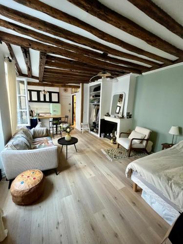 un salon avec un lit et un canapé dans l'établissement Appartement en centre ville de Versailles, à Versailles