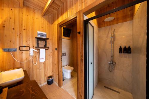a bathroom with a shower and a sink and a toilet at Lov Faralya Adults Only in Faralya
