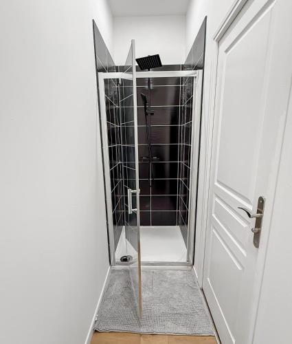- une douche à l'italienne dans une salle de bains située à côté d'une porte dans l'établissement Charmant studio rénové à Roubaix, à Roubaix