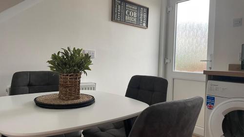 a white table with a potted plant on top of it at The Den - by Caithness Luxury Apartments NC500 - 2 Bedroom holiday home - Sleeps Work teams upto 2 & holiday makers upto 4 in Wick