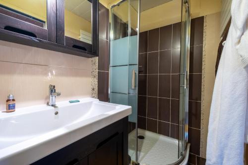 une salle de bain avec un lavabo et une douche dans l'établissement Gîte La Campone 2/4 personnes, à Montbel