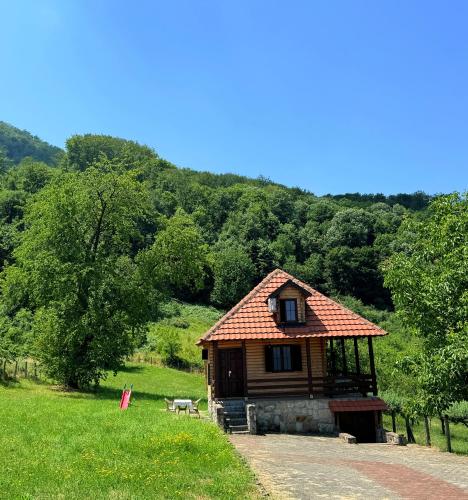 a small wooden cabin in a grassy field with trees at Gučevska Idila in Loznica