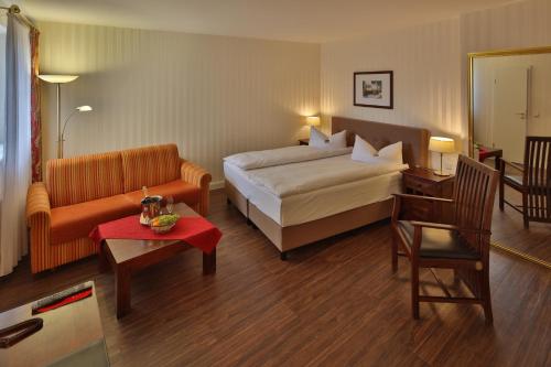 a hotel room with a bed and a couch at Hotel Elefant in Schwerin