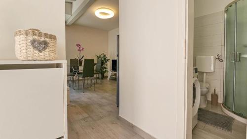 a bathroom with a shower and a toilet in a room at Apartment Lux in Novigrad Istria