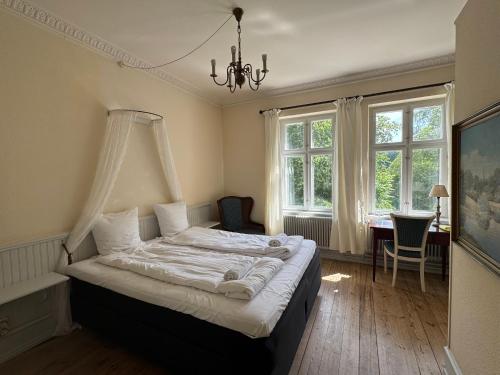 a bedroom with a bed and a chandelier at Liselund Ny Slot Hotel in Borre
