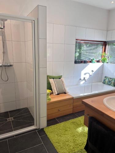 a bathroom with a shower and a tub and a sink at Au Petit Pont de Champagne in Waimes