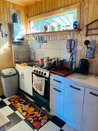 a kitchen with a stove and some food on the floor at Cabañas Alturas Chillan Benjamin in Recinto