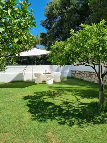 a table and chairs in a yard with a tree at Casa di Jiovanni Luxury in Asgourou