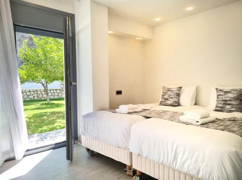 two beds in a room with a window at Casa di Jiovanni Luxury in Asgourou