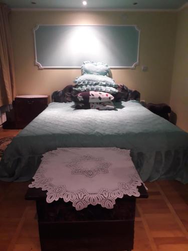 a bedroom with a bed with pillows and a chalkboard at Садиба Тушер in Rakhiv