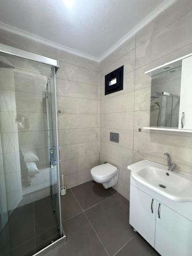 a bathroom with a shower and a toilet and a sink at Luxury Villa with Pool Near Sarimsakli Beach in Ayvalık