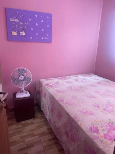a pink bedroom with a bed and a fan at Casa familiar perto da Escola São Cristovão in Garanhuns
