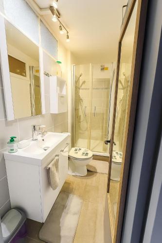 une salle de bain avec un lavabo, des toilettes et une douche dans l'établissement La Tour A Torra Tower vue panoramique, à Porri