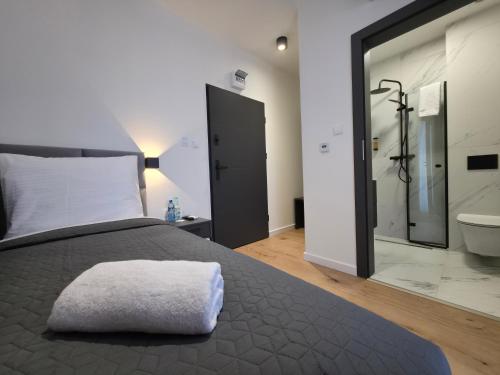 a bedroom with a bed and a bathroom with a shower at W64 Apartamenty in Płock