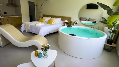 a hotel room with a tub and a bed at Hotel Spa Mirador in Jorquera