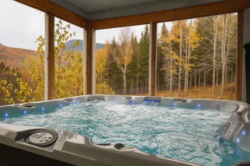 una vasca idromassaggio di fronte a una grande finestra di Detente Nature bord de Lac #4 - Spa Sauna & Foyer a Sainte Brigitte de Laval