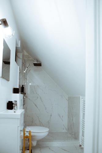 a white bathroom with a sink and a toilet at Sunset Hills Chalet in Slănic