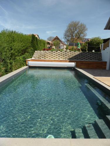 a swimming pool with seats in a house at Beck's Borveranda Palkonya in Palkonya