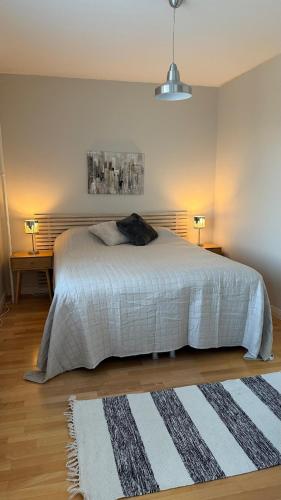 a bedroom with a bed and two lamps and a rug at Apartment Pilvenveikko in Kokkola