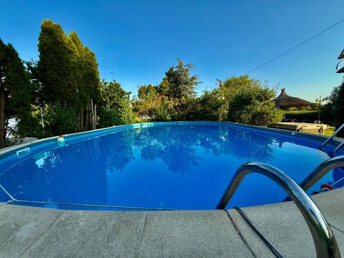 a large blue swimming pool in a yard at Holbina Trei Bibani - Delta Dunarii in Dunavăţu de Jos