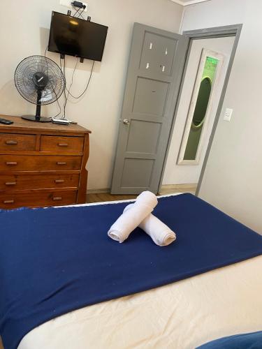 a rolled up arm on a bed with a fan at BbCasita Blue in Santiago