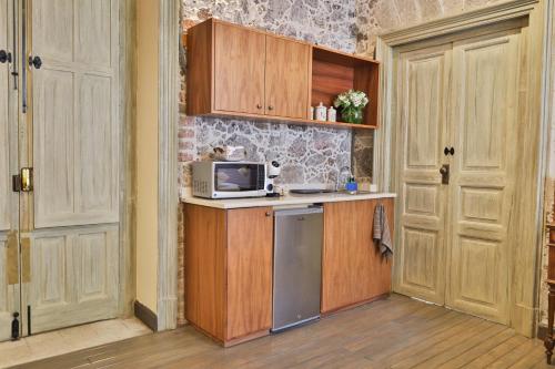 a kitchen with a refrigerator and a microwave at CASA SAUTO 2 BR 2BA balcony Historic Building in Mexico City