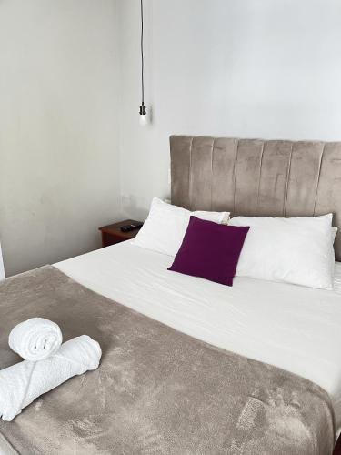 a bed with two towels sitting on top of it at BbCasita Blue in Santiago
