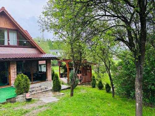 una casa con portico e un cortile alberato di Cabana Ana a Feleacu