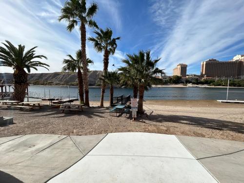 una playa con palmeras y un cuerpo de agua en River Front Hideaway, en Bullhead City