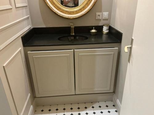 une salle de bain avec un lavabo et un miroir dans l'établissement Appartement Monseigneur, à Vannes