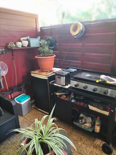 une cuisine extérieure avec une cuisinière et des plantes dans l'établissement Studio- très calme - Proche Bidart et Guétary 