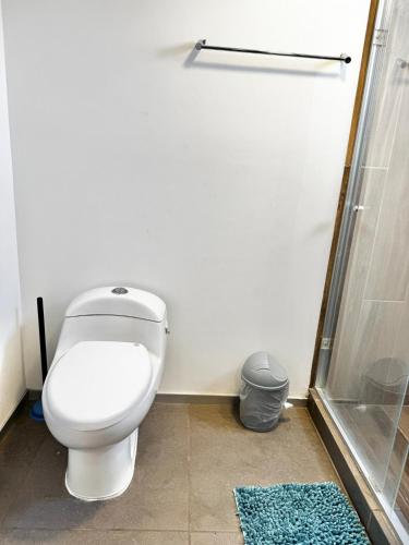 a bathroom with a toilet and a glass shower at New Bamboo Horizon pool, gym and coworking in Querétaro
