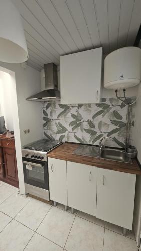 a kitchen with white cabinets and a stove top oven at Casa dos trevos in Pataias