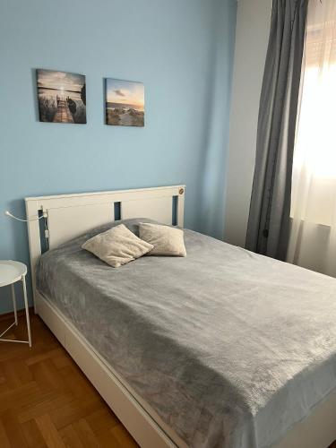 a bed in a blue bedroom with a window at Apartment Aurora in Buzin