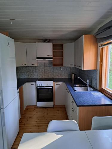 a kitchen with white cabinets and a blue counter top at Aurora cottage in Oulu