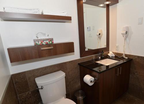 a bathroom with a toilet and a sink and a mirror at Condo 2 chambres avec accès aux pistes de ski in Saint-Sauveur-des-Monts