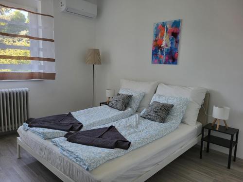 a bedroom with two beds with pillows on them at Vitorlásház in Balatonvilágos