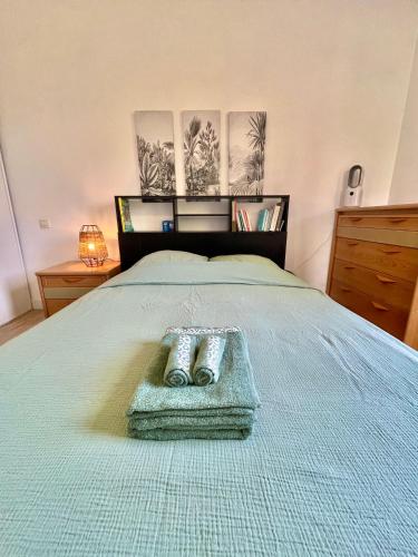 a bedroom with a bed with two towels on it at " Balcon Nature " Terrasse - TV - Fibre in Muret