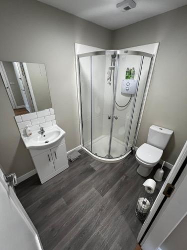 Un baño con ducha, inodoro y lavabo. en Codladh Sámh Apartment, en Templemore