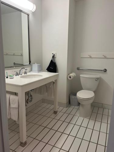 a bathroom with a sink and a toilet and a mirror at Prestige Prince George Lodge in Prince George