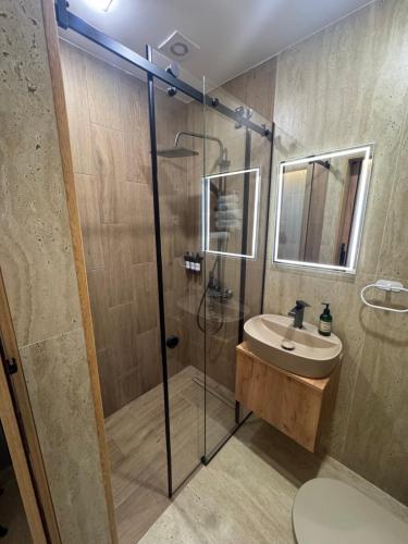 a bathroom with a shower and a sink at Loft Evn in Yerevan