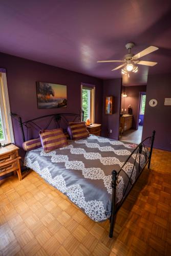 a bedroom with a bed and a ceiling fan at Gîte Crystal Inn in Mont-Tremblant
