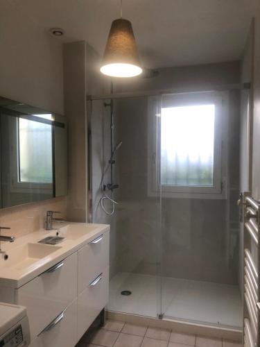 a bathroom with a shower and a sink and a mirror at Tortuga in Dolus-d'Oléron