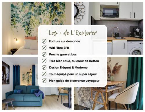 a collage of photos of a kitchen and a living room at L'Explorer Rennes Métropole in Betton
